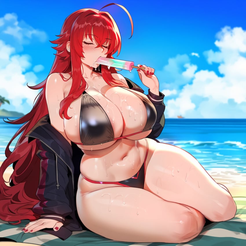 1girls ai_generated artstyle_imitation blue_eyes breasts female floox hi_res high_resolution high_school_dxd hips huge_breasts light-skinned_female light_skin long_hair popsicle popsicle_melting red_hair rias_gremory solo stable_diffusion thiccwithaq_(ai_style) thick_thighs thighs wide_hips