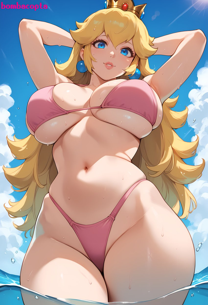1female 1girls ai_generated bikini blonde_hair blue_eyes bombacopta breasts breasts_bigger_than_head crown curvaceous curvy earrings female female_only from_below hands_behind_head huge_breasts large_breasts lips mario_(series) mature_female midriff navel nintendo pink_bikini posing princess_peach simple_background standing standing_in_water sweat thick thick_hips thick_thighs thong voluptuous wet