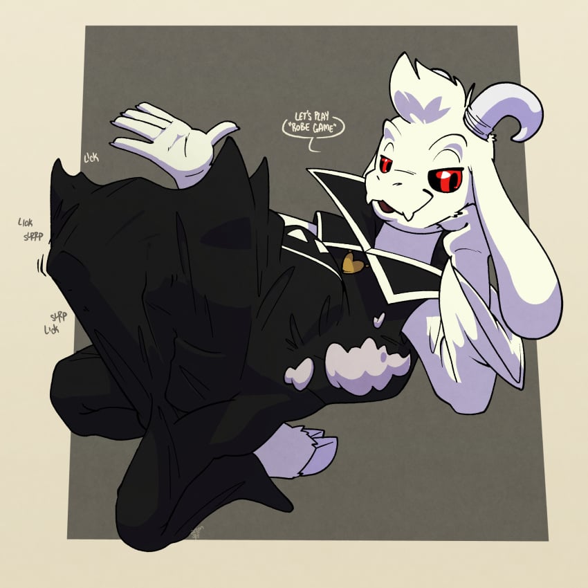 ambiguous_gender argon_vile asriel_dreemurr_(god_form) black_sclera boss_monster_(undertale) cloven_hooves dialogue english_text floppy_ears fur hi_res hidden hooves horn lying m/ambiguous male obscured_sex red_eyes resting_on_elbow speech_bubble text under_clothes undertale undertale_(series) white_body white_fur