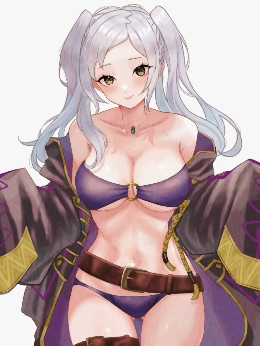 1girls alternate_costume ass_visible_through_thighs bikini breasts brown_eyes cleavage fire_emblem fire_emblem_awakening fire_emblem_heroes grey_hair large_breasts looking_at_viewer nintendo o-ring o-ring_bikini official_alternate_costume purple_bikini purple_swimsuit robin_(female)_(summer)_(fire_emblem) robin_(fire_emblem) robin_(fire_emblem)_(female) swimsuit twintails underboob zqzbq