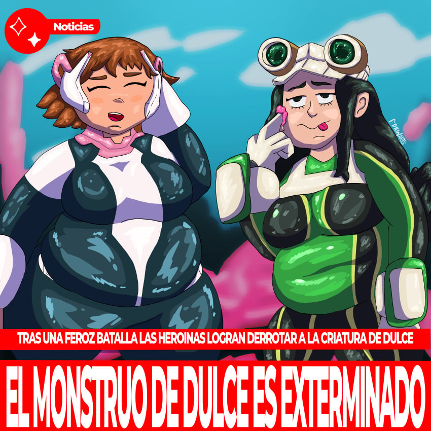 anime big_belly big_breasts big_butt ediun my_hero_academia spanish_text tsuyu_asui uraraka_ochako weight_gain wide_hips