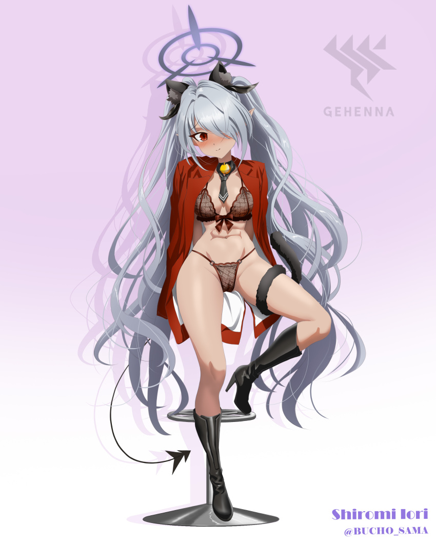 absurdres animal_ears black_bra black_footwear black_panties blazer blue_archive blush boots bra breasts bucho_sama cat_ears cat_tail character_name cleft_of_venus commentary dark-skinned_female dark_skin demon_tail english_commentary female grey_hair hair_over_one_eye halo high_heels highres iori_(blue_archive) jacket jacket_on_shoulders long_hair mixed-language_commentary navel panties pointy_ears pussy red_eyes see-through sitting small_breasts solo spread_legs tail twitter_username underwear variant_set very_long_hair