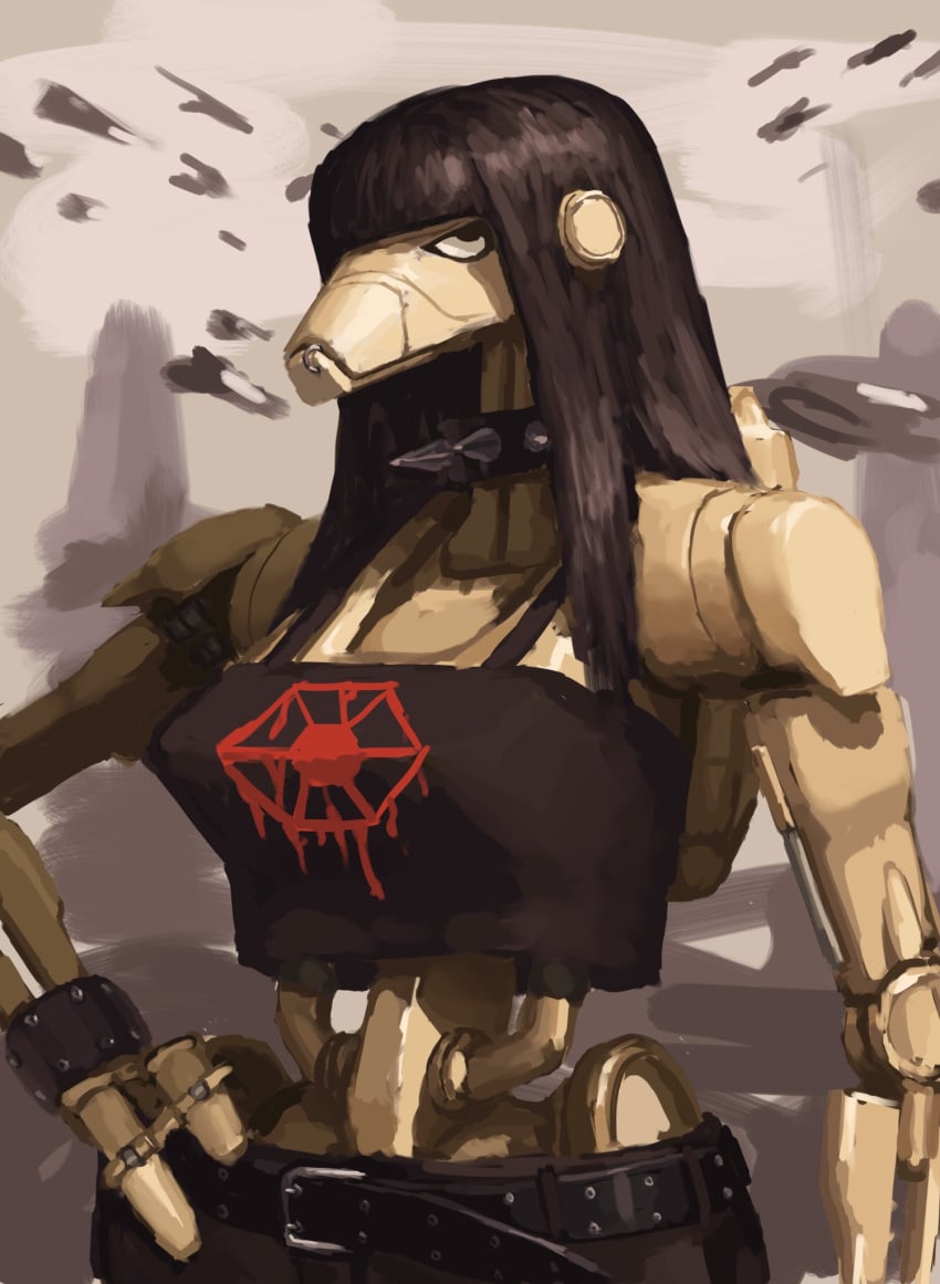 b1_battle_droid bangs battle_droid belt beth_(redustheriotact) black_crop_top black_hair bracelet choker collar confederacy_of_independent_systems cosplay crop_top detailed_background female goth goth_girl hair hand_on_hip joints long_hair not_porn redustheriotact robot robot_girl robot_joints spaghetti_strap spiked_bracelet spiked_collar star_wars wristband