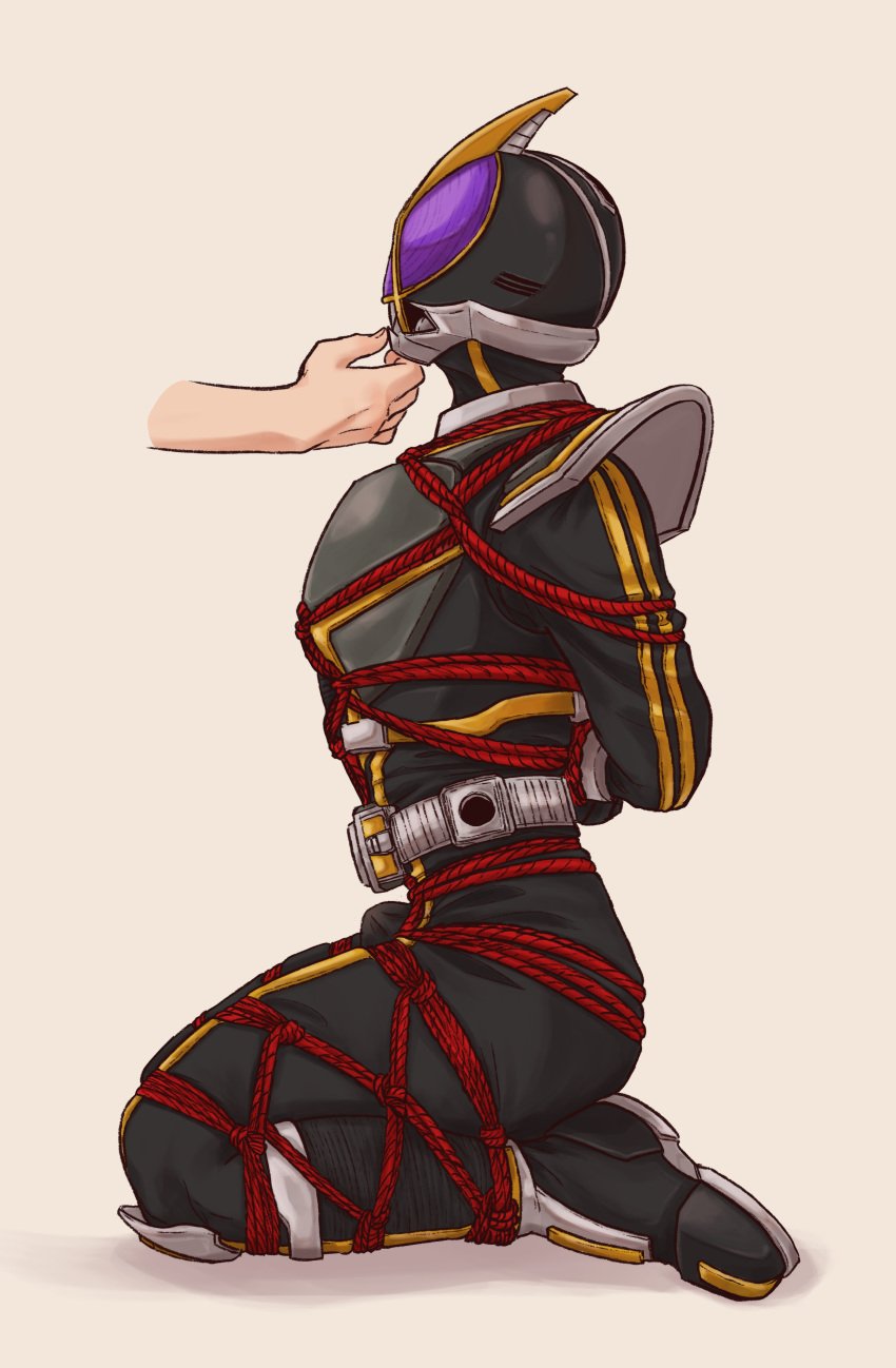 anon anonymous_male armor armored arms_behind_back arms_tied arms_tied_behind_back belt black_armor black_body bulge bulge_through_clothing chin_grab erection erection_under_clothes erection_under_clothing grabbing_chin holding_chin kamen_rider kamen_rider_555_(series) kamen_rider_kaixa kneeling legs_tied legs_together mask masked masked_male rope rope_bondage side_view simple_background sitting tied tied_up