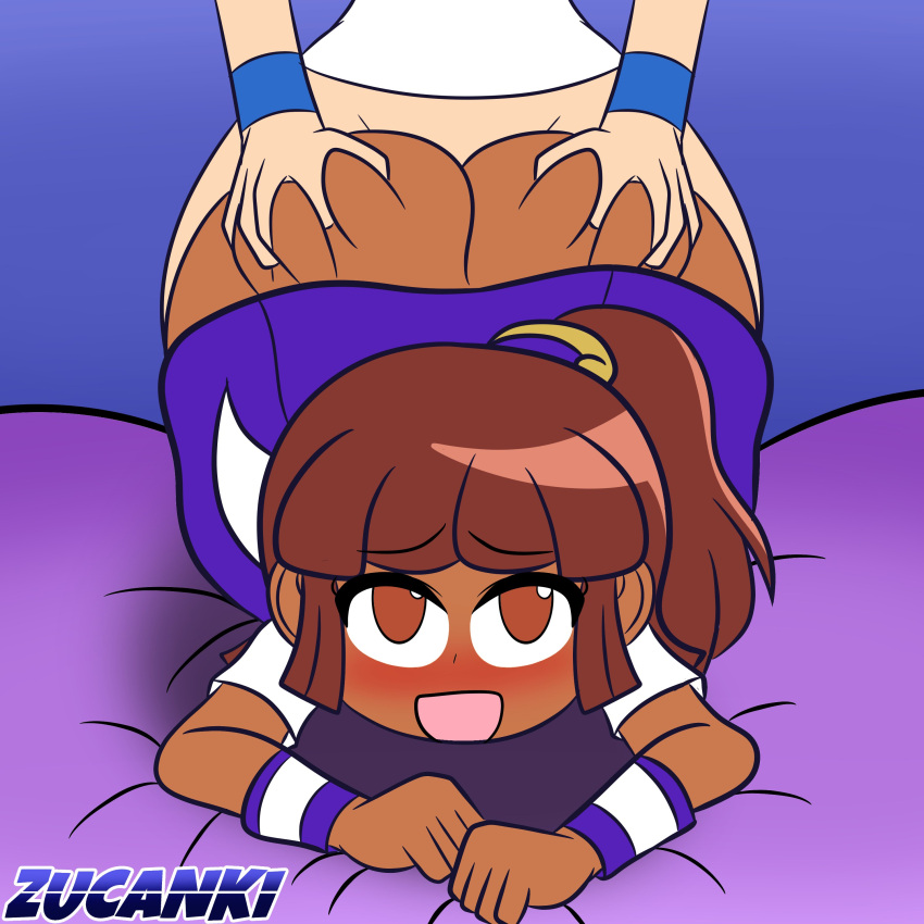 1futa 1girls all_fours arle_nadja bed bottomless breasts brown_eyes clothed clothed_sex clothing dark-skinned_female dark_skin doppelganger_arle duo female female_focus futa_on_female futanari grabbing_ass grabbing_from_behind highres human light-skinned_futanari light_skin open_mouth orange_hair partially_clothed puyo_puyo sex sex_from_behind warle zucanki