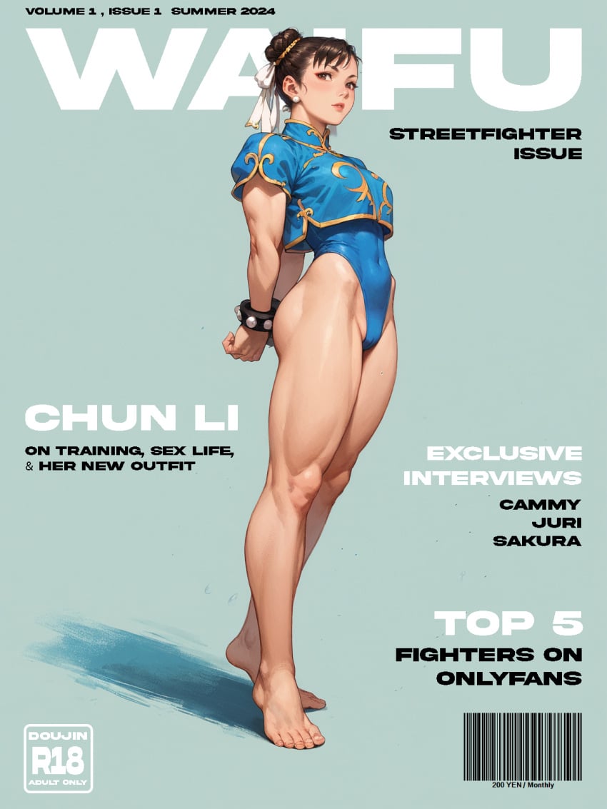 adapted_costume ai-created ai_generated arms_behind_back artist_name athletic athletic_female bangs barcode bare_legs barefoot blue_leotard bracelet breasts brown_eyes brown_hair brunette brunette_female bun_cover character_name china_dress chinese_clothes chun-li clothing copyright_name cover cover_page covered_navel crop_top double_bun dress earrings english_language english_text fake_cover feet female full_body hair_bun hair_ornament high_resolution highleg highleg_leotard jewelry legs leotard leotard_under_clothes lips looking_at_viewer magazine_(source) magazine_cover makeup medium_breasts muscle muscular_female navel parted_lips puffy_short_sleeves puffy_sleeves qr_code short_hair short_sleeves solo spiked_bracelet spikes standing street_fighter street_fighter_6 text thighs tied_hair toes xsfmworks