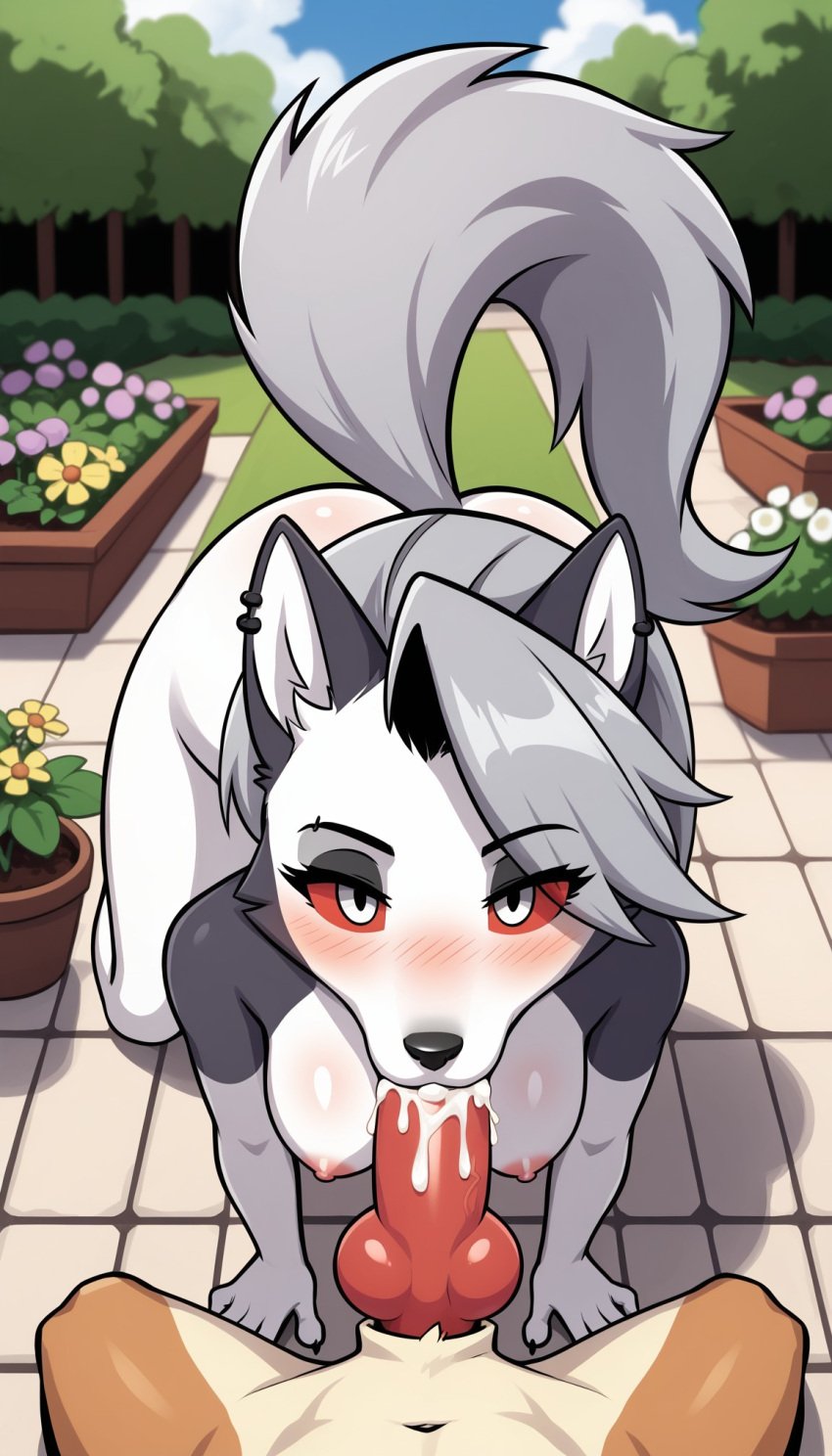 1boy 1boy1girl 1girls 2024 ai_generated anthro anthro_on_anthro ass big_ass blowjob blush breasts brown_fur canine canine_penis cum cum_in_mouth cum_inside duo ear_piercing eyeliner eyeshadow face_focus female female/male female_focus garden gray_fur hair_over_one_eye hellhound helluva_boss hi_res inner_ear_fluff knot knot_root knotted_penis long_hair loona_(helluva_boss) male nude nude_female nude_male on_all_fours oral oral_penetration oral_sex outdoor outdoors penis pink_nipples pov pov_eye_contact pov_male red_penis red_sclera silver_eyes silver_hair sitting spread_legs sucking_penis sucking_tip white_fur