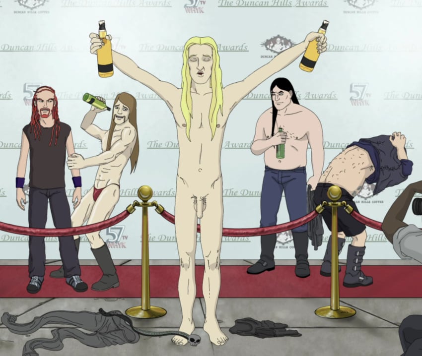 bottle closed_eyes dethklok drinking flaccid_penis long_hair_male male_only metalocalypse nathan_explosion nude_male official_art pickles_the_drummer skwisgaar_skwigelf toki_wartooth topless underwear_only undressing william_murderface