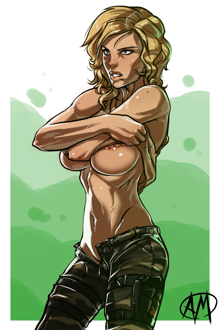 1girls blonde_hair breasts camouflage command_and_conquer female ganassa high_resolution navel nipples pants pubic_hair red_alert_(video_games) red_alert_3 scar shirt_lift solo tanya_adams undressing