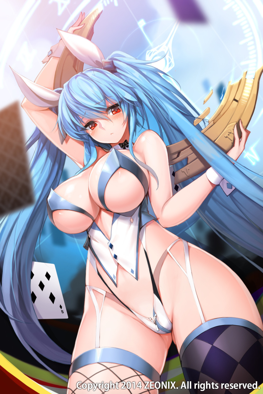 areola_slip areolae argyle argyle_legwear arm_up bare_shoulders blue_hair blush breasts card detached_collar female fishnet_legwear fishnets garter_straps hair_ribbon highres large_breasts long_hair looking_at_viewer luthica_preventer mismatched_legwear official_art playing_card red_eyes ribbon snowball22 solo sword_girls tied_hair twintails underboob very_long_hair wrist_cuffs