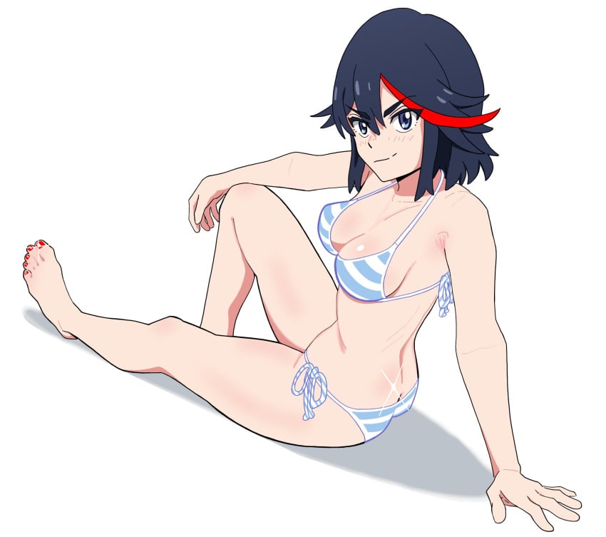 1girls ass ass_cleavage bikini blue_eyes cleavage female female_focus female_only kill_la_kill legs looking_at_viewer matoi_ryuuko nail_polish red_nails sitting slim_waist small_breasts tagme thick_thighs two-tone_hair white_background