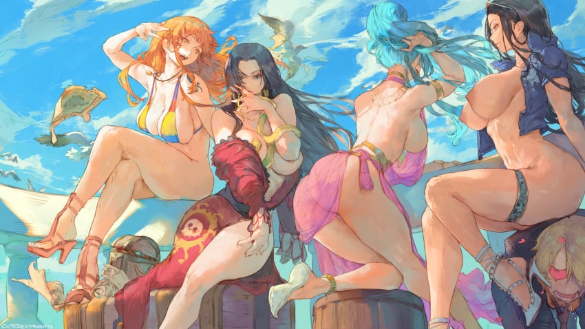 4girls arm_tattoo ass bikini black-haired_female black_hair blonde-haired_male blonde_hair blue-haired_female blue_eyes blue_hair blue_tattoo blush boa_hancock breasts bubble_ass bubble_butt cutesexyrobutts edit female female_focus harem high_heels huge_breasts long_hair male multiple_females multiple_girls nami_(one_piece) nefertari_vivi nico_robin one_piece open_toe_shoes orange-haired_female orange_eyes orange_hair ponytail post-timeskip rainbow_bikini royalty seagull snake tattoo vinsmoke_sanji voluptuous
