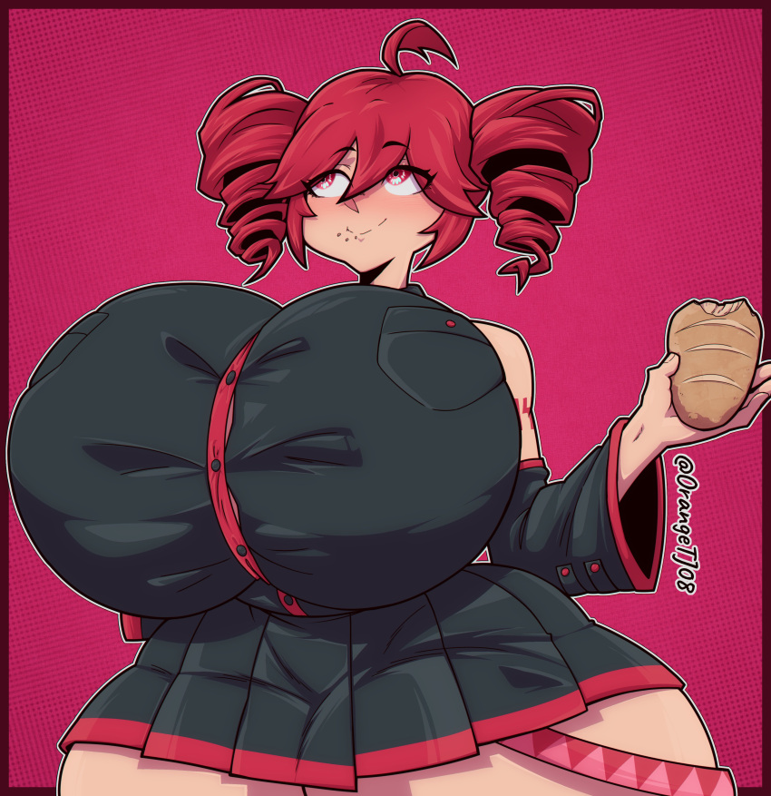 1girls 2d 2d_(artwork) ahoge arm_tattoo artist_name baguette big_breasts big_thighs bread breasts breasts_bigger_than_head breasts_bigger_than_torso breasts_focus clothed clothed_female clothing crumbs crumbs_on_face curvaceous curvy curvy_female curvy_figure detached_sleeves eating enormous_breasts enormous_thighs fat_breasts fat_thighs female female_only food fully_clothed gigantic_breasts gigantic_thighs hips_wider_than_shoulders hourglass_figure huge_breasts huge_thighs hyper hyper_breasts hyper_hourglass hyper_thighs kasane_teto large_breasts large_thighs massive_breasts massive_hips massive_thighs miniskirt orange_thejuice plump plump_breasts plump_thighs red_background red_eyes red_hair round_breasts simple_background skirt solo solo_female straining straining_buttons straining_clothing thick_thighs thighs thighs_bigger_than_head thighs_bigger_than_torso twin_drills utau voluptuous voluptuous_female wide_hips
