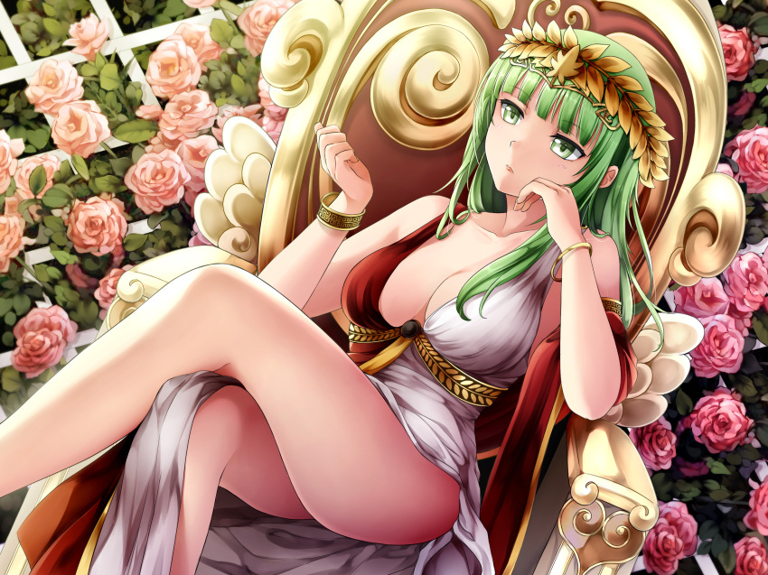 1girls cleavage female female_only fringe game_cg goddess green_eyes green_hair huniepop laurel_crown sitting solo tagme theiatena_venus thighs