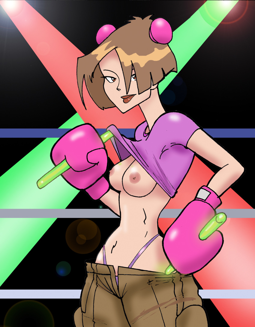 1girls alternate_version_available baggy_pants boxing boxing_gloves boxing_ring bra breasts breasts_out brown_eyes brown_hair clothes clothing curvy female female_only fighting_ring gloves glowstick headwear human inspector97 light-skinned_female light_brown_hair light_skin lips lipstick looking_at_viewer midriff mimi_li nipples pale-skinned_female pale_skin pants pink_boxing_gloves pink_gloves pointy_chin purple_shirt shirt shirt_lift short_hair small_breasts solo solo_female thick thick_hips thick_thighs thighs thong topless wade_hixtons_counter_punch wide_hips