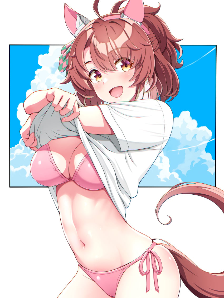 1girl brown_eyes brown_hair cleavage dantsu_flame_(umamusume) large_breasts lifting_own_clothes looking_at_viewer multicolored_hair pink_bikini ponytail shirt_lift short_hair short_sleeves side-tie_bikini_bottom solo tussy umamusume umamusume_pretty_derby white_hair white_shirt