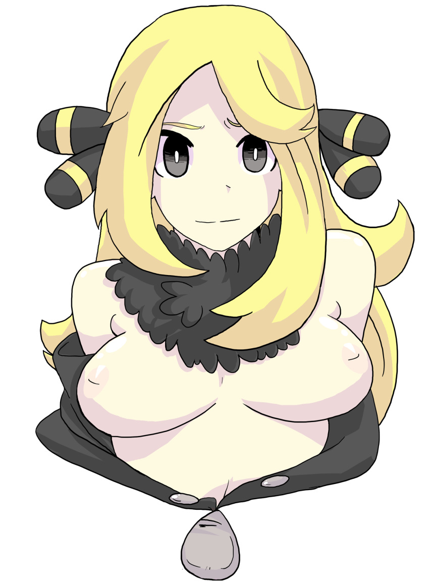 breasts color cynthia_(pokemon) exposed_breasts female female_only human human_only larcynxi nintendo pokemon solo