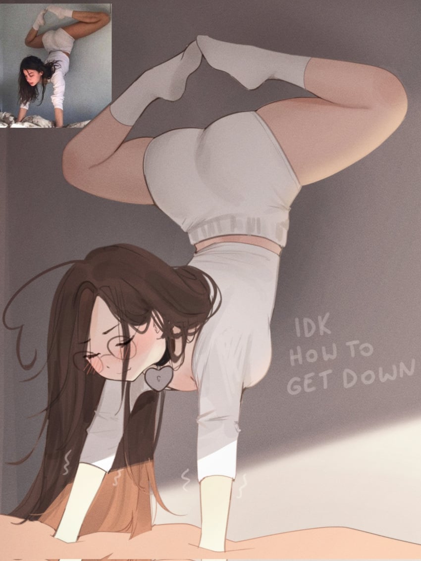 1girls ass blush brown_hair choker closed_eyes female female_focus female_only glasses long_hair pale-skinned_female shorts sky_(skyaboveme) skyaboveme socks tagme text thick_thighs white_clothing white_shirt white_shorts yoga