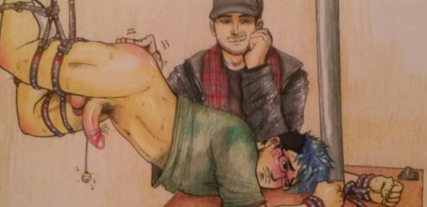 2boys ass blue_hair blush clothed clothing erection forced gay hard_on male male_only markiplier rape slave tied_up youtube