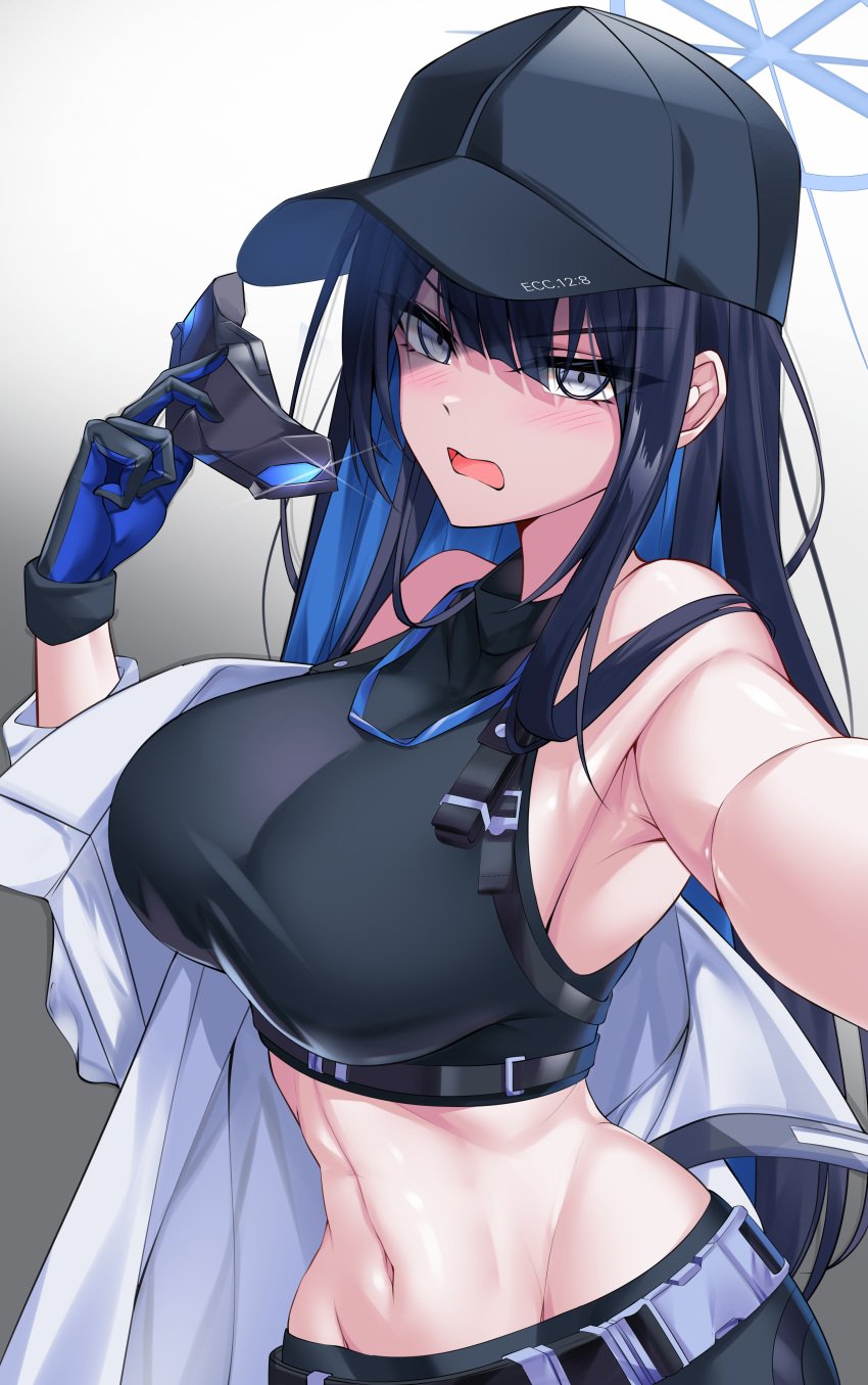 1girls abs absurd_res angry angry_face armpits belly belly_button big_breasts blue_archive blue_eyes blue_hair blush breasts clothed clothing elze_(s01047480836) female female_only gloves halo hat innie_belly_button innie_navel looking_at_viewer mask midriff navel saori_(blue_archive)