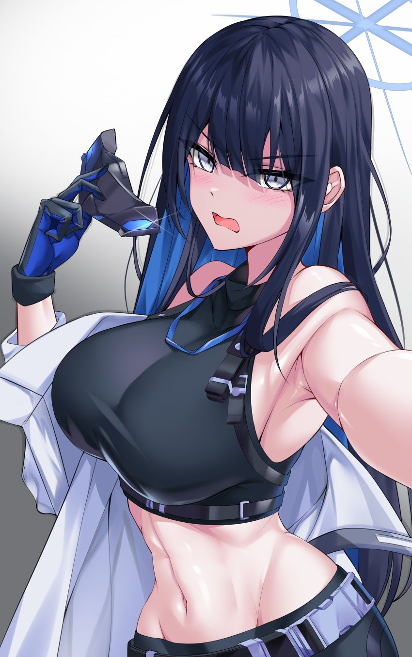 1girls abs absurd_res angry angry_face armpits belly belly_button big_breasts blue_archive blue_eyes blue_hair blush breasts clothed clothing elze_(s01047480836) female female_only gloves halo innie_belly_button innie_navel looking_at_viewer mask midriff navel saori_(blue_archive)