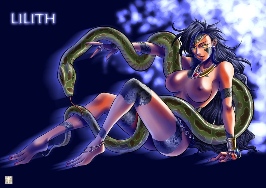 1animal 1girls breasts buntaichou demon female female_only lilith_(megami_tensei) lilith_(shin_megami_tensei) megami_tensei monster_girl nude persona shin_megami_tensei simple_background sitting snake snake_girl solo