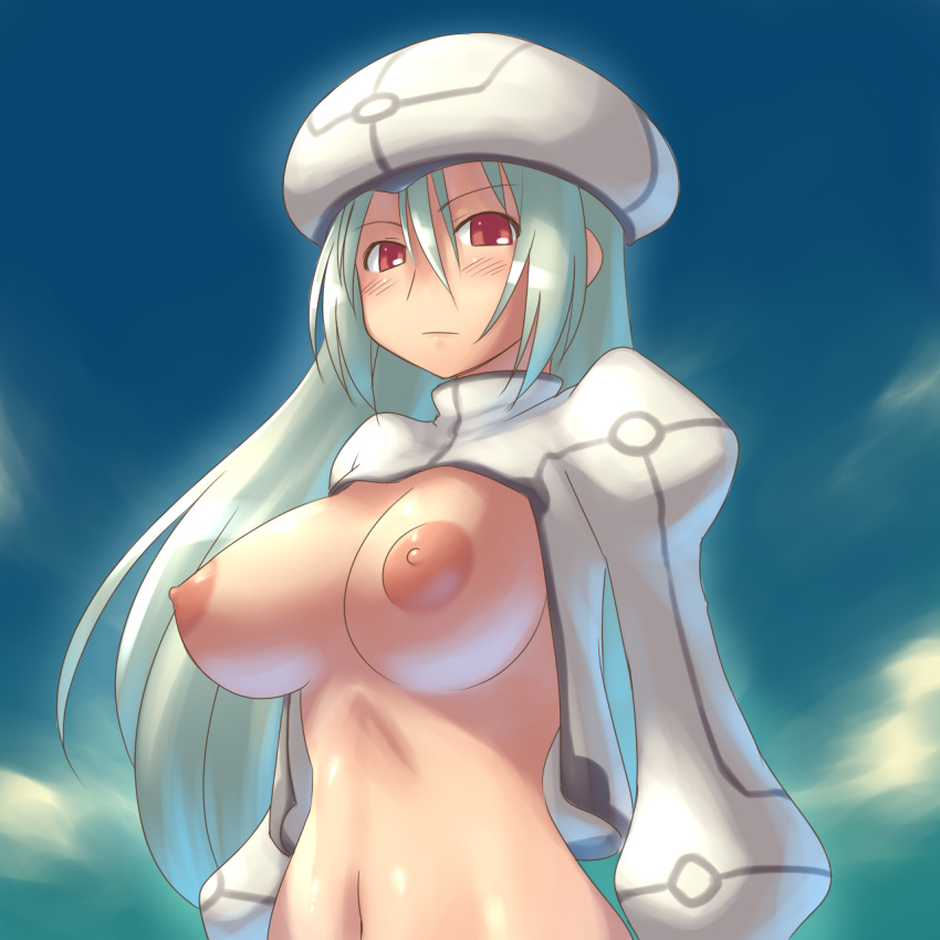 aaaa areola areolae blush breasts female hat highres huge_breasts long_hair long_sleeves navel nipples original shirt white_hair