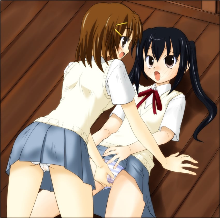 2girls azusa_nakano_(k-on!) black_eyes black_hair brown_hair cameltoe error female female_only fingering flat_chest fully_clothed human human_only k-on! multiple_females multiple_girls mutual_fingering mutual_masturbation on_floor panties school_uniform striped striped_panties underwear upskirt wet_panties white_panties yui_hirasawa_(k-on!) yuri