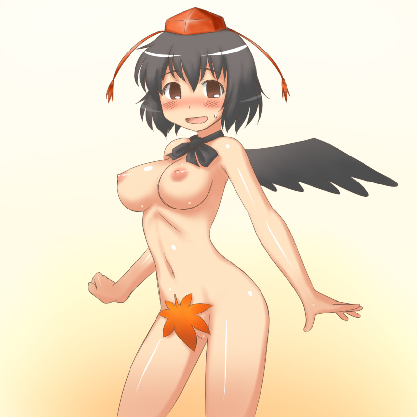 1girls aaaa black_wings blush breasts censored female hat highres large_breasts leaf leaves nipples nude pointless_censoring purple_hair pussy ribbon shameimaru_aya shiny shiny_skin solo sweat touhou uncensored wings