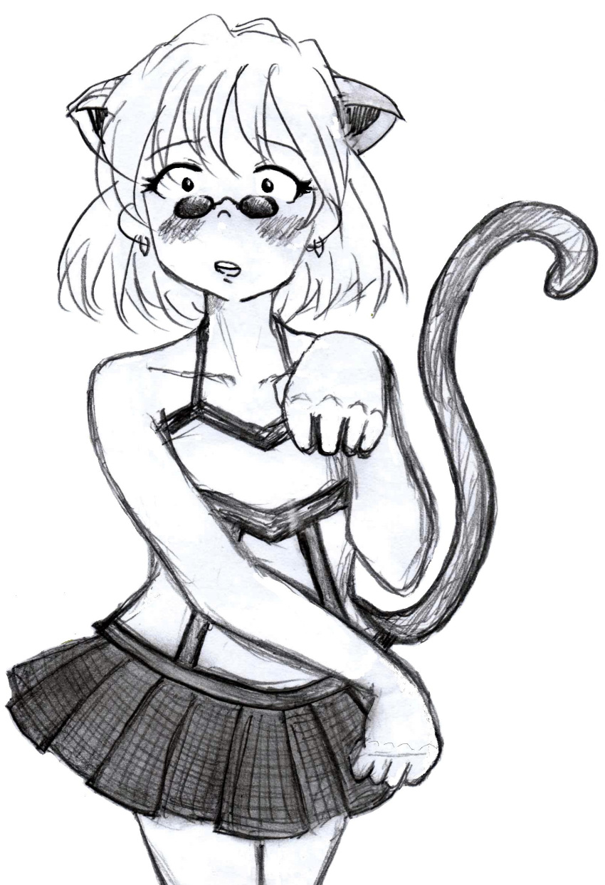 animal_ears blush cat_ears highres male malestar monochrome original sunglasses tail