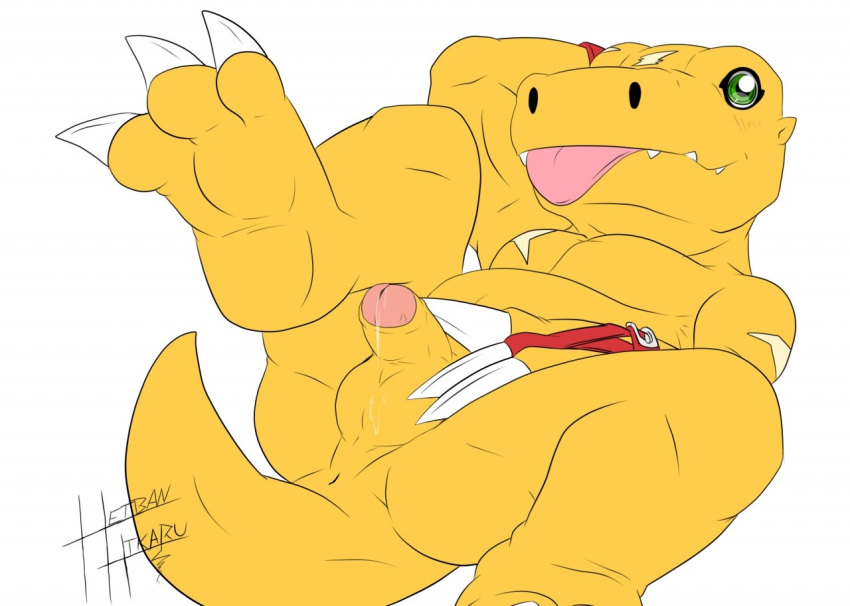 agumon balls digimon dinosaur heibanhikaru male male_only masturbation penis reptile scalie scar tongue