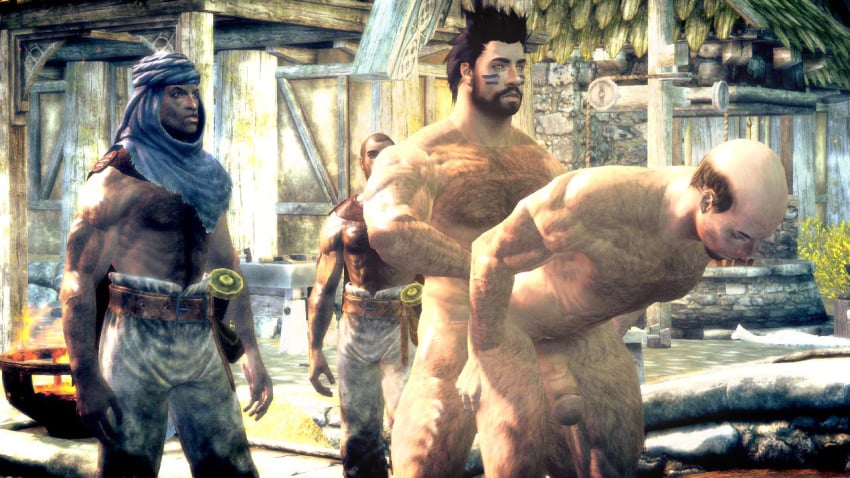 3d anal_penetration balding beard being_watched black_hair body_hair cmnm dark-skinned_male erect_nipples facial_markings flaccid_while_penetrated from_behind_position gay large_penis male male_only mod nude redguard skyrim spiky_hair standing_doggy_style tagme the_elder_scrolls thick_penis topless veiny_penis yaoi