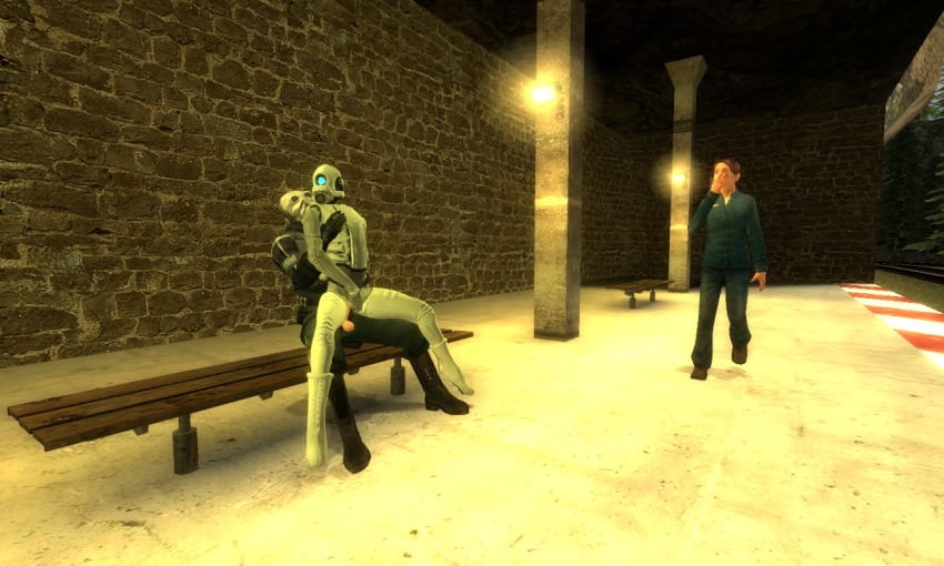 16:9 1boy1girl 3d 3d_(artwork) armor citizen civil_protection clothed clothed_male clothed_sex clothes clothing combine combine_assassin covering_mouth duo female garry's_mod gas_mask half-life half-life_2 half-life_2_beta helmet human humanoid jeans male male/female mask metrocop metropolice penetration penis public sex shocked tagme transhuman unknown_artist valve walking