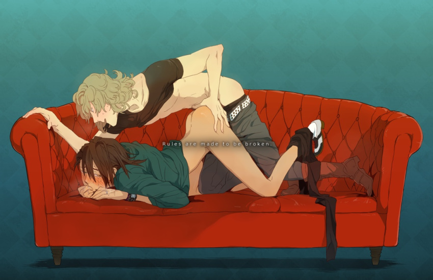 2boys anal ass barnaby_brooks_jr. blonde_hair blonde_hair_on_brown_hair blonde_hair_top brown_hair brown_hair_bottom couch domination from_behind gay kotetsu_t._kaburagi light_hair_on_dark_hair male male_focus multiple_males tiger_and_bunny wild_tiger yaoi