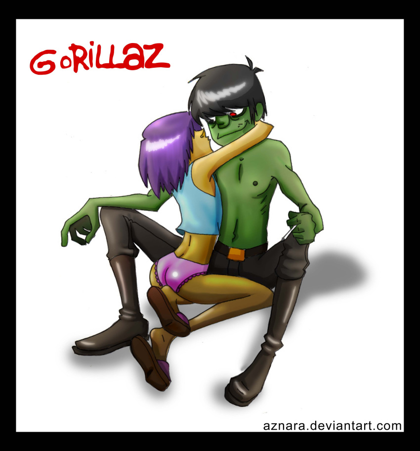 1boy 1girls aznara cigarette duo female gorillaz hair_over_eyes hug male murdoc_niccals noodle_(gorillaz) panties sandals shirtless straight tagme