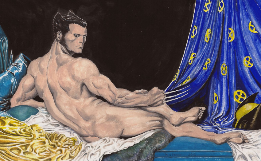 1boy fine_art_parody grande_odalisque human james_howlett male male_only marvel mutant nick_perks solo wolverine_(x-men) x-men yaoi