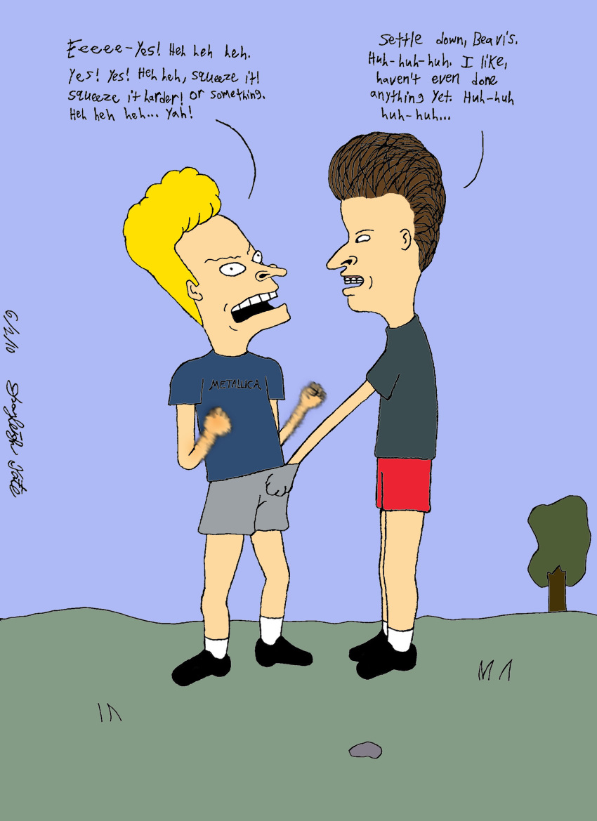 10s 2010 2010s 2boys beavis_and_butt-head clothing crossed_eyes dialogue hand_in_another's_pants hand_in_pants male male_only mtv paramount_pictures simple_background tagme toony unknown_artist unreadable_signature yaoi