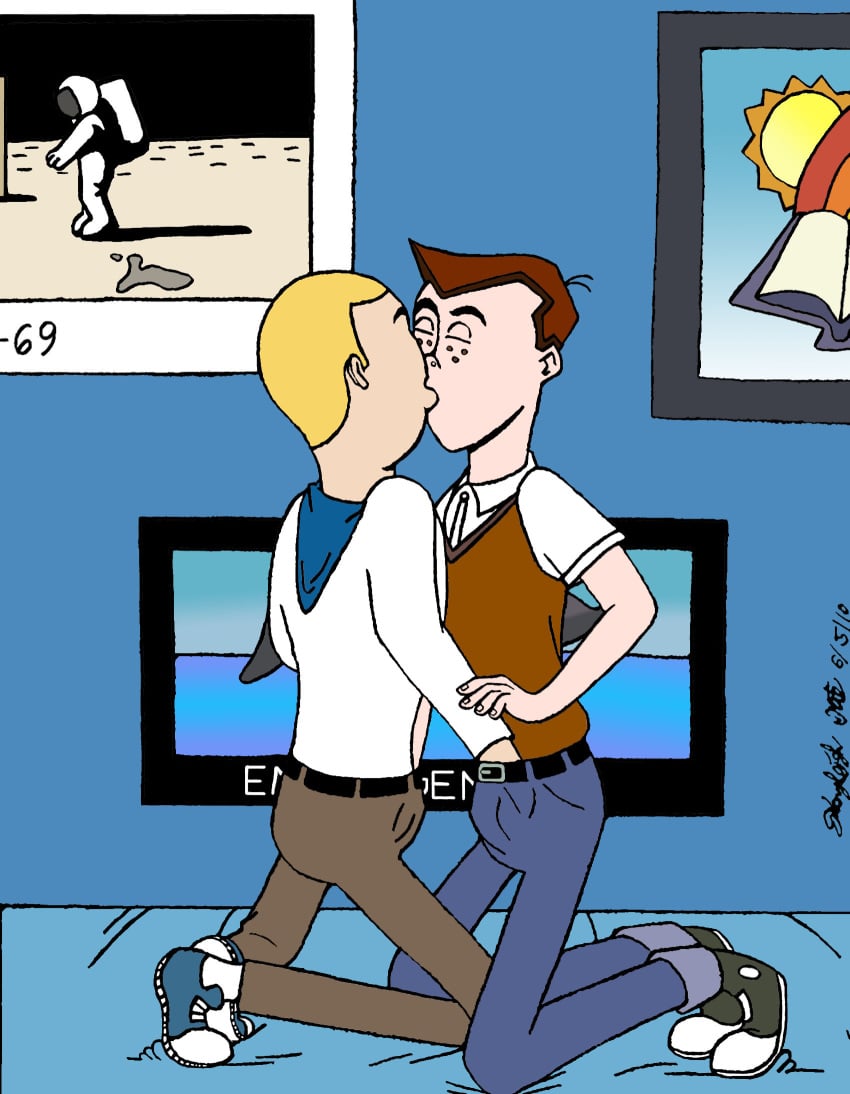 2boys blonde_hair brothers brown_hair cartoony closed_eyes clothed dean_venture erection_under_clothing gay hand_in_pants hank_venture holding_penis imminent_sex incest kiss kissing on_bed poster_(object) sneakers tagme teen_boy teenager twin_brothers twins venture_brothers