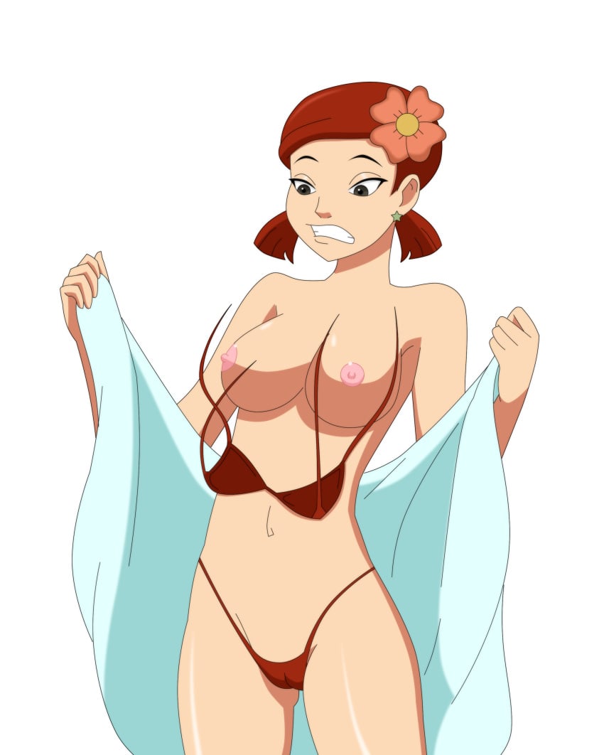 1girls alpha_channel bikini bikini_bra black_eyes breasts cameltoe earrings female_only flower for_sticker_use ginger hair humanoid jewelry looking_down nipples panties pervyangel png ponytail red_hair shiny_skin solo solo_female sticker_template teeth tied_hair topless total_drama:_revenge_of_the_island total_drama_island towel transparent_background transparent_png wardrobe_malfunction zoey_(tdi)