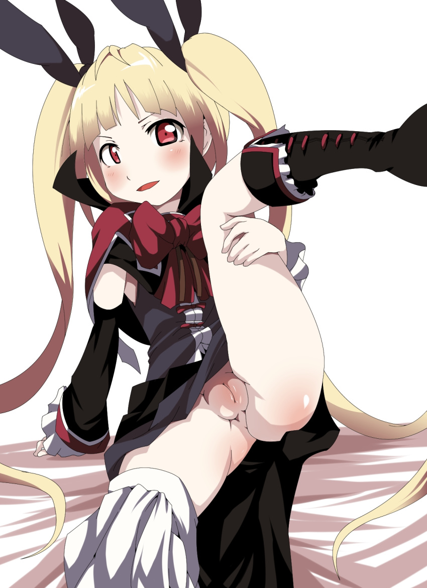 arc_system_works blazblue blonde_hair blush dress female hair_ornament hair_ribbon pussy rachel_alucard red_eyes solo spread