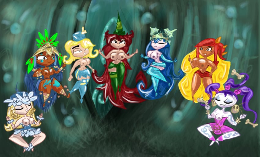 7girls annetta_fish_(rayman) betilla_(rayman) big_breasts blonde blonde_hair breasts dark_skin edith_up_(rayman) female female_focus female_only helena_handbasket_(rayman) holly_luya_(rayman) multiple_girls nipples nymph_(rayman) pale_skin purple_hair rayman_(series) rayman_origins red_hair topless ubisoft voodoo_mama_(rayman) wendy_weather_(rayman)