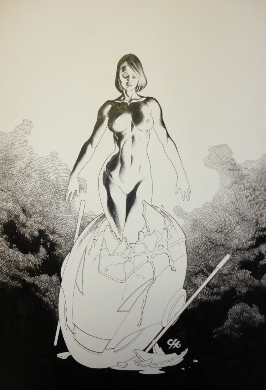 1girls avengers cleft_of_venus facing_viewer frank_cho girltron greyscale legs_together marvel medium_breasts mighty_avengers monochrome rule_63 simple_background solo straight_hair tagme ultron white_background