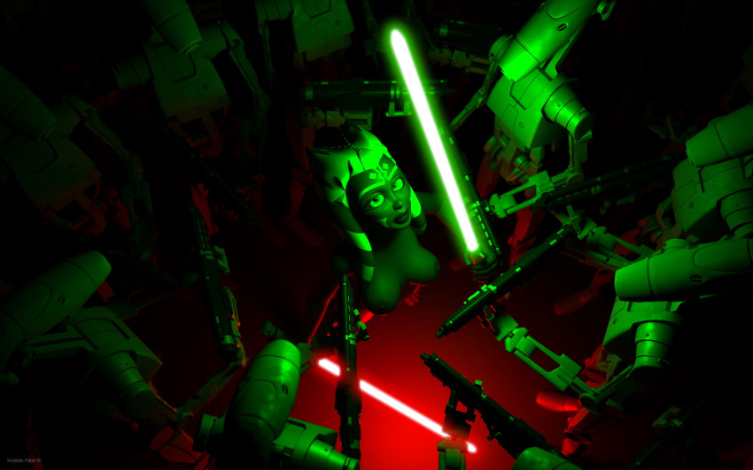 3d ahsoka_tano b1_battle_droid battle_droid blaster clone_wars droid green_lightsaber jedi jedi_padawan kondaspeter lightsaber red_lightsaber star_wars tagme the_clone_wars:_season_four togruta