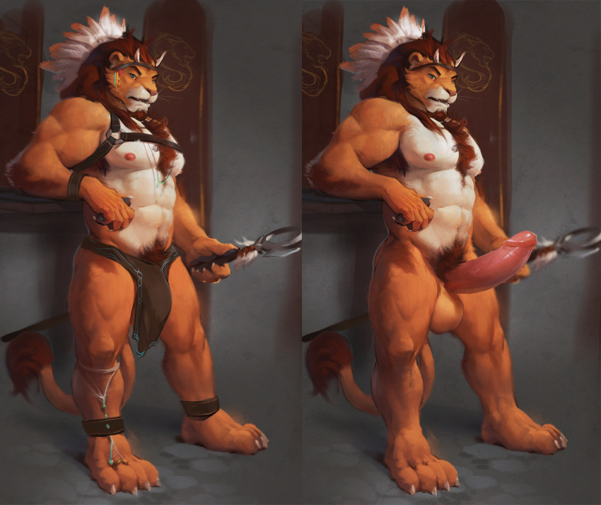 1boy 2015 abs anthro balls clothing cyan_eyes darkgem erection feline full-length_portrait full_length headdress lion loincloth male male_only mammal muscles nipples pecs penis portrait sidern solo standing