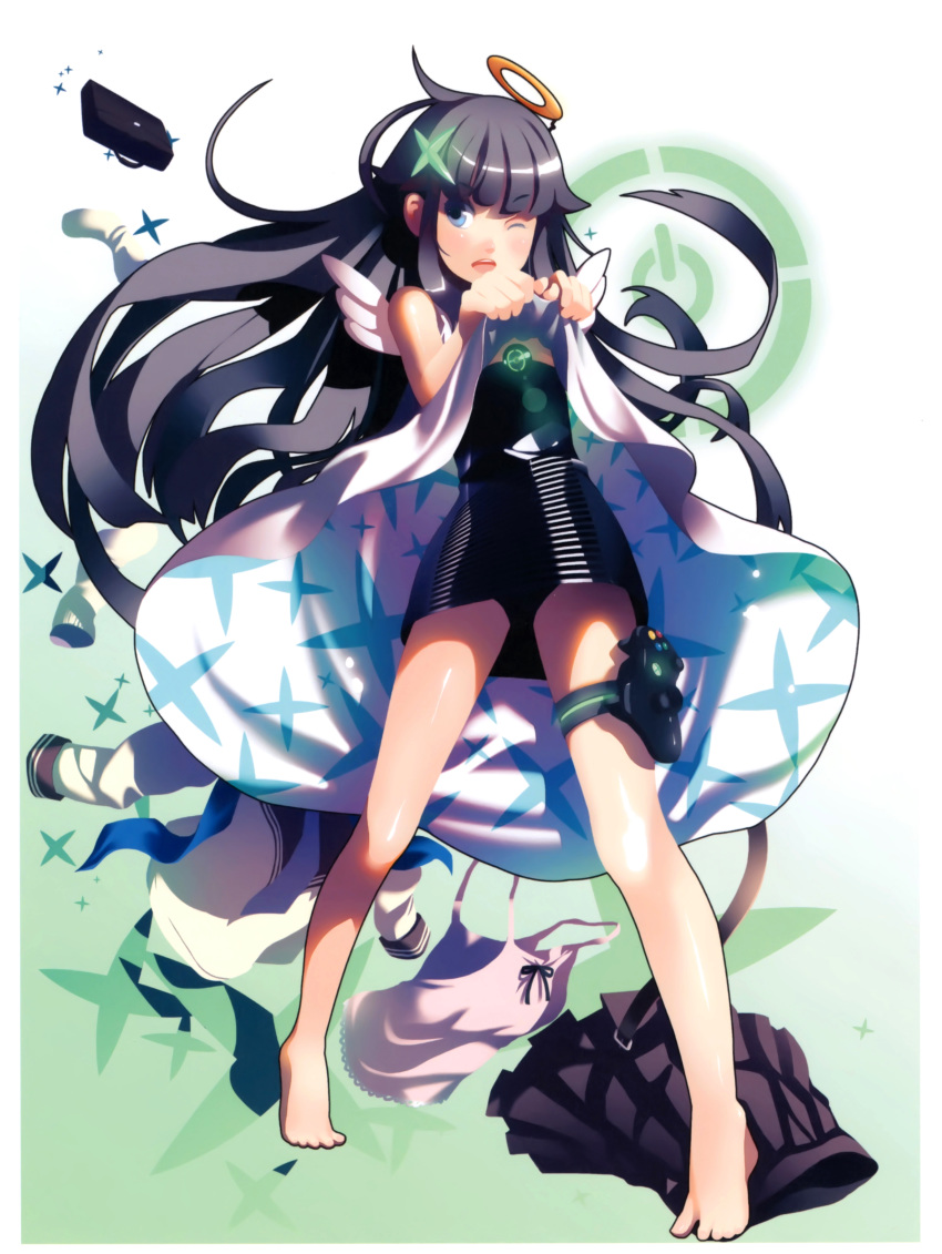 ;d angel_wings barefoot black_dress black_hair blue_eyes camisole console-tan controller dress dress_lift game_controller glowing halo high_resolution long_hair microsoft open_mouth original pleated_skirt scan school_briefcase school_uniform serafuku skirt smile solo thigh_strap vofan white_dress wings wink xbox-tan