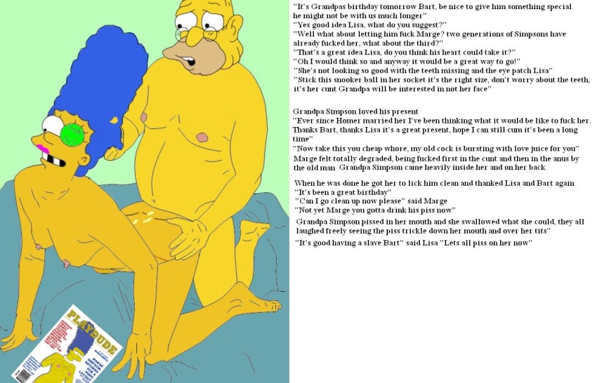 abraham_simpson blue_hair breasts color english_text female hair human male marge_simpson nipples nude piss sex straight tagme text the_simpsons watersports yellow_skin