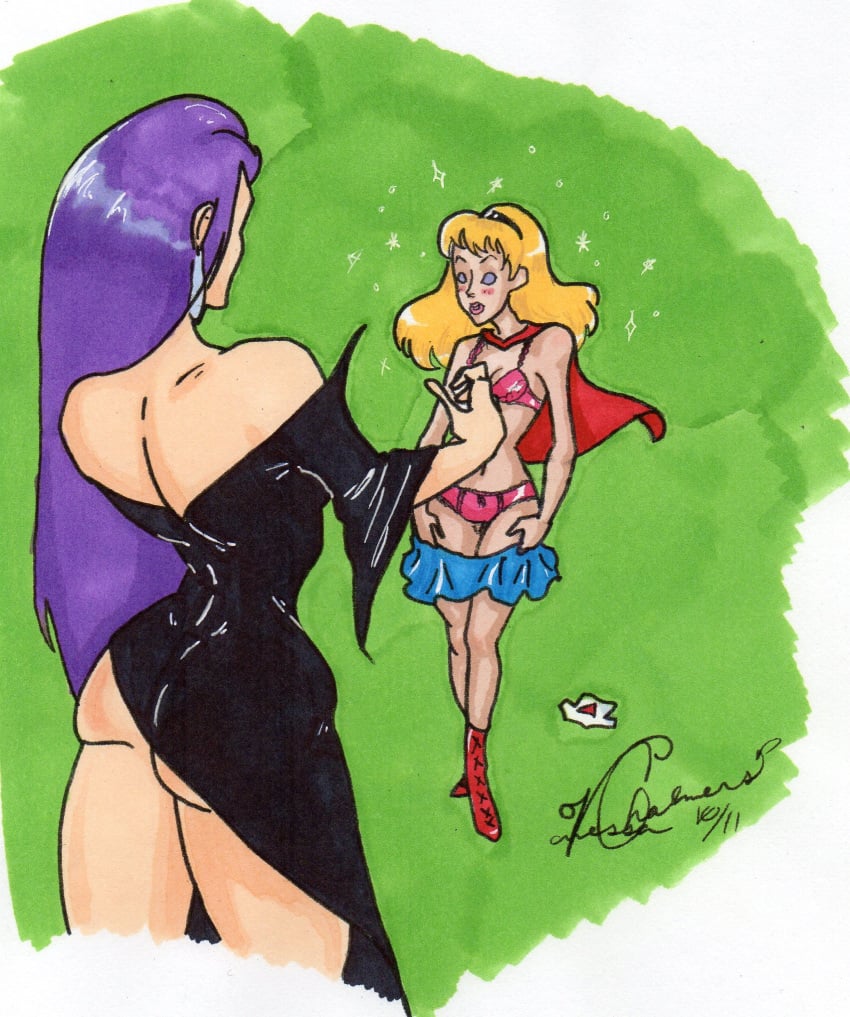 2girls blonde blonde_hair dc dc_comics dcau female_focus female_only forced_exposure hypnosis hypnotized justice_league justice_league_unlimited mind_control multiple_girls sapfiresyko supergirl superman_(series) tala undressing