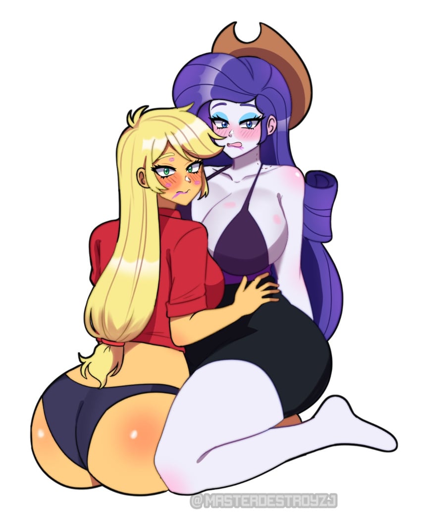 2d 2girls applejack_(eg) applejack_(mlp) big_breasts big_titties blue_eyes breasts clothing digital_media equestria_girls female female_only green_eyes kiss_mark long_hair masterdestroyzj my_little_pony purple_hair rarity_(eg) rarity_(mlp) rubber underwear white_skin yellow_hair yellow_skin yuri