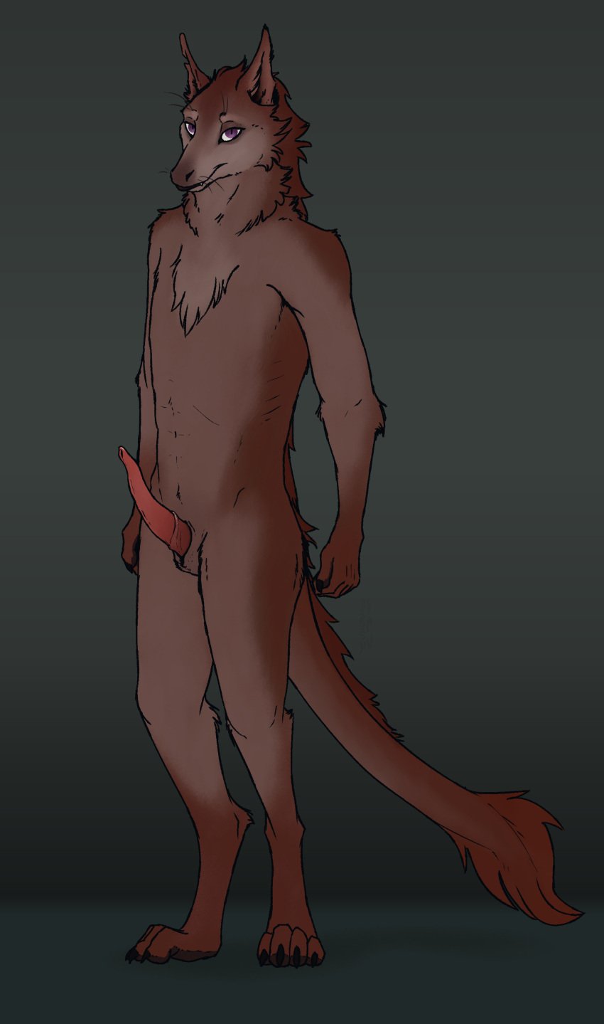 2025 4_toes 5_fingers absurd_res animal_genitalia anthro digitigrade dragon erection feet fingers fur furred_dragon furred_scalie genital_slit genitals gradient_background hi_res looking_at_viewer male mythological_creature mythological_scalie mythology notched_ear nude penis pupils purple_eyes red_body red_fur scalie simple_background slit_pupils smile smirk solo strana_(artist) tapering_penis toes whiskers wingless_dragon