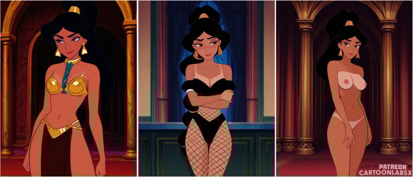 1girls ai_generated before_and_after cartoon cartoony commission disney disney&#039;s_aladdin disney_channel disney_princess disney_xd female female_only harem harem_girl harem_jewelry harem_outfit harem_pants human naked naked_female nude nude_female patreon photo photoshoot posing posing_for_picture posing_for_the_viewer posing_nude princess princess_jasmine simple_background standing